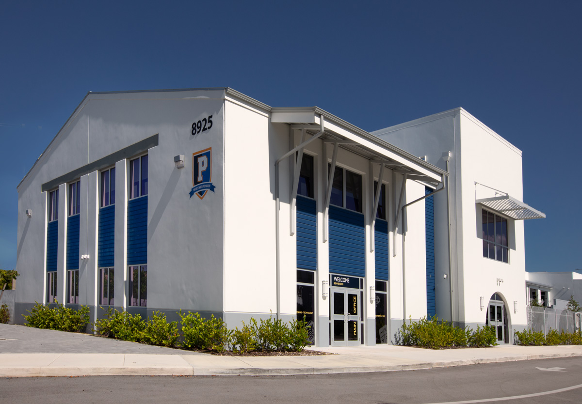 Architectural view of the Pinecrest prep charter k-12 school in Miami.